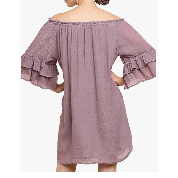 Umgee Chambray Floral Embroidered Off the Shoulder Bell Sleeves Midi Dress LG C6 - Picture 3 of 3